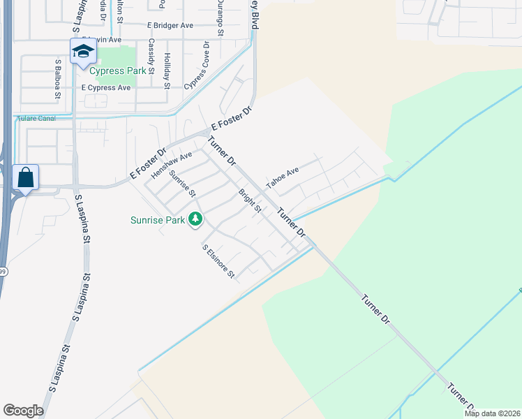 map of restaurants, bars, coffee shops, grocery stores, and more near 3006 Bright Street in Tulare