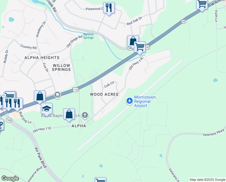 map of restaurants, bars, coffee shops, grocery stores, and more near 5219 Cub Circle in Morristown