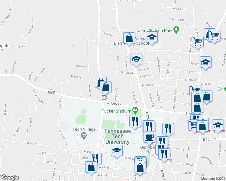 map of restaurants, bars, coffee shops, grocery stores, and more near 105 West 14th Street in Cookeville