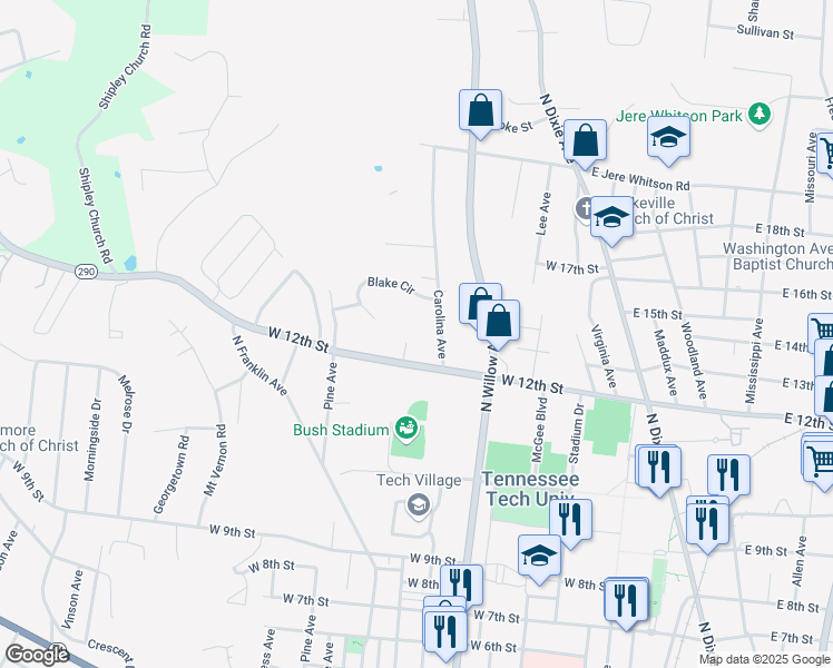 map of restaurants, bars, coffee shops, grocery stores, and more near 1224C Carolina Avenue in Cookeville