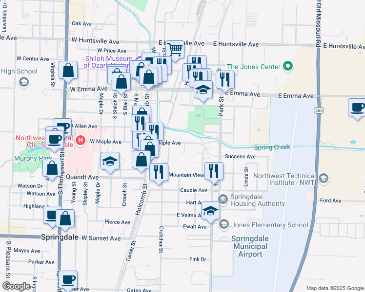 map of restaurants, bars, coffee shops, grocery stores, and more near 406 East Maple Avenue in Springdale