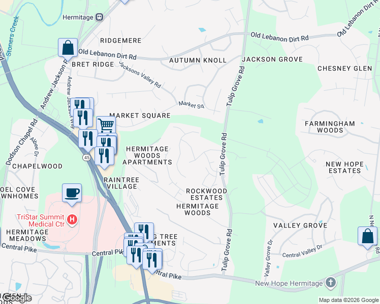 map of restaurants, bars, coffee shops, grocery stores, and more near 225 Windmill Trail in Nashville