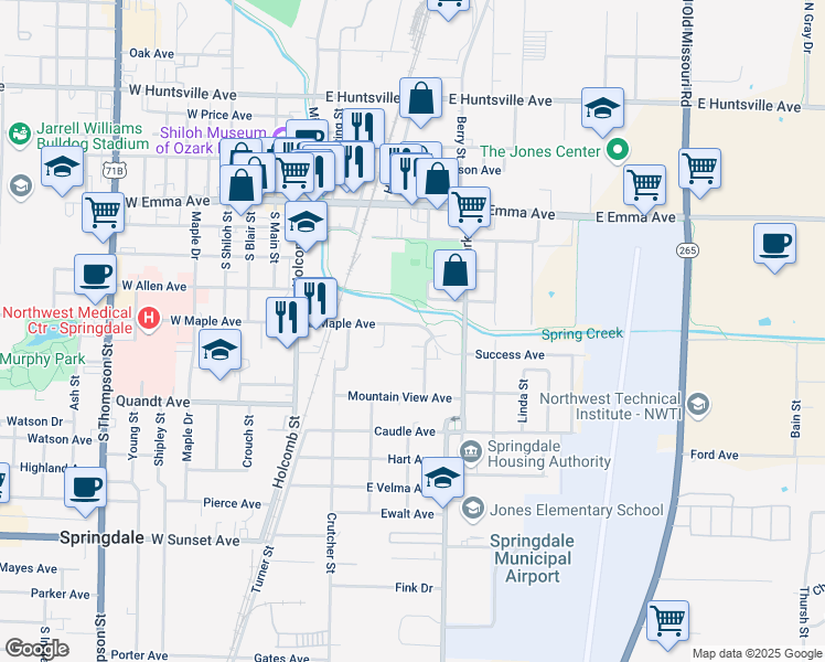 map of restaurants, bars, coffee shops, grocery stores, and more near Razorback Greenway in Springdale
