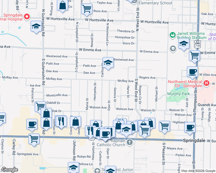 map of restaurants, bars, coffee shops, grocery stores, and more near 1951 McRay Avenue in Springdale