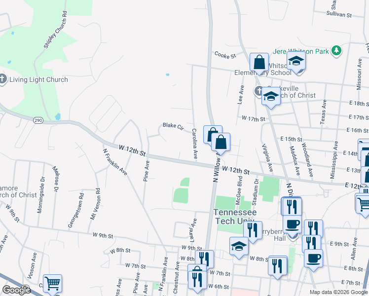 map of restaurants, bars, coffee shops, grocery stores, and more near 1224C Carolina Avenue in Cookeville