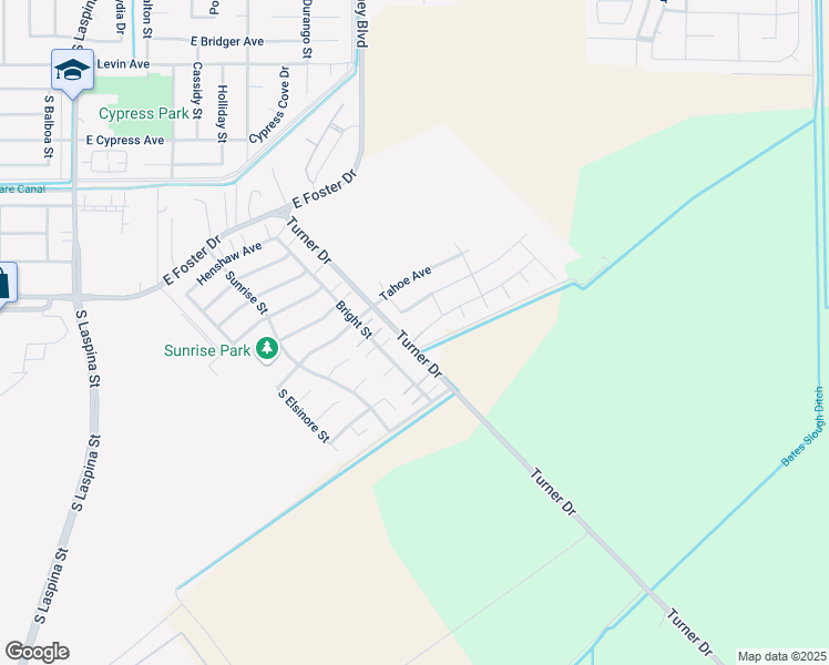 map of restaurants, bars, coffee shops, grocery stores, and more near 2307 East Tuolumne Avenue in Tulare