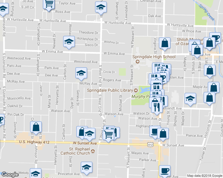 map of restaurants, bars, coffee shops, grocery stores, and more near 117 Rogers Circle Drive in Springdale