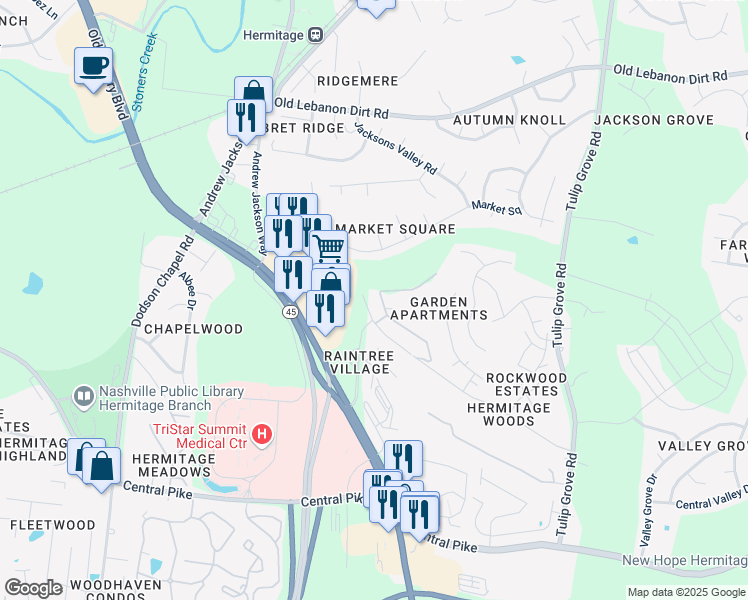 map of restaurants, bars, coffee shops, grocery stores, and more near 5610 Old Hickory Boulevard in Nashville