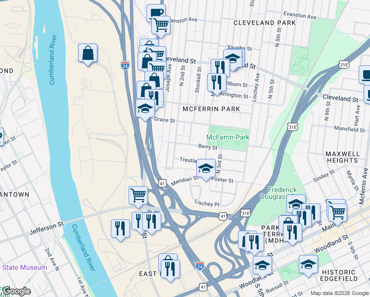 map of restaurants, bars, coffee shops, grocery stores, and more near 209 Berry Street in Nashville