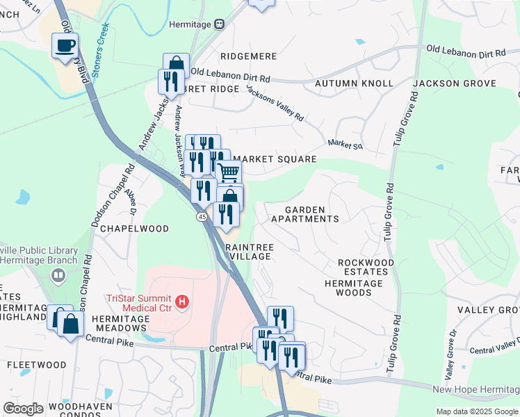 map of restaurants, bars, coffee shops, grocery stores, and more near 5610 Old Hickory Boulevard in Nashville