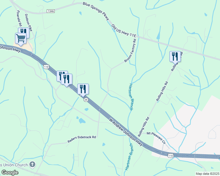 map of restaurants, bars, coffee shops, grocery stores, and more near 222 Broom Factory Road in Greeneville