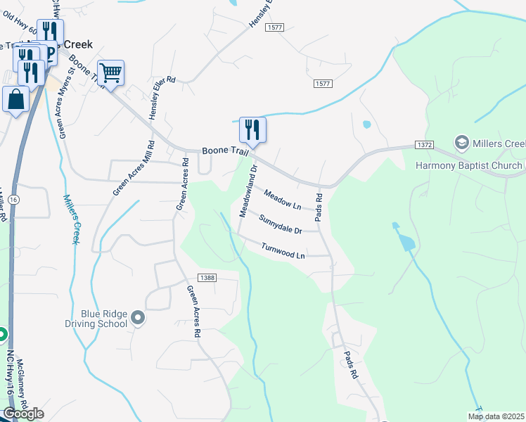 map of restaurants, bars, coffee shops, grocery stores, and more near 275 Meadow Lane in Millers Creek