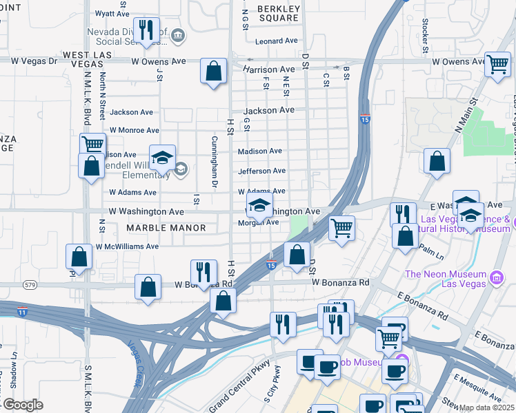 map of restaurants, bars, coffee shops, grocery stores, and more near 612 West Washington Avenue in Las Vegas
