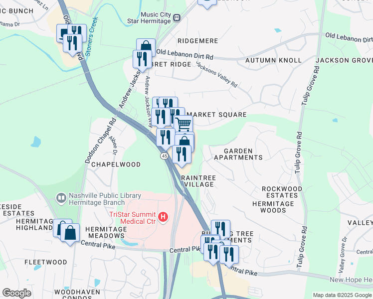 map of restaurants, bars, coffee shops, grocery stores, and more near 5550 Old Hickory Boulevard in Nashville