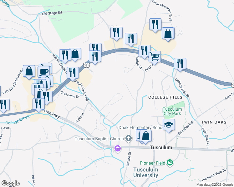 map of restaurants, bars, coffee shops, grocery stores, and more near 389 Viking Place in Greeneville