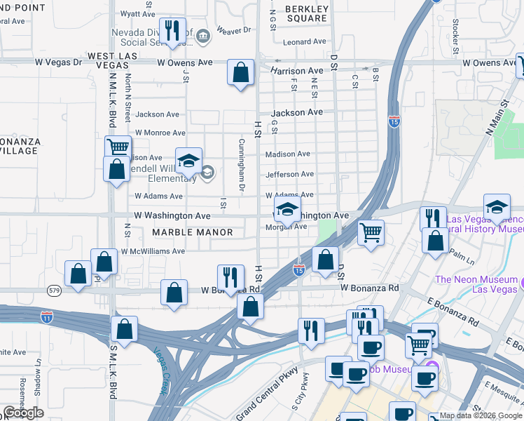 map of restaurants, bars, coffee shops, grocery stores, and more near 900 H Street in Las Vegas
