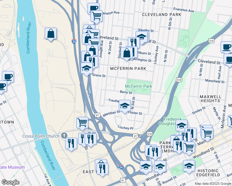 map of restaurants, bars, coffee shops, grocery stores, and more near 218 Berry Street in Nashville