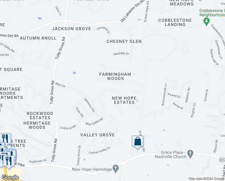 map of restaurants, bars, coffee shops, grocery stores, and more near 5114 Myra Drive in Nashville