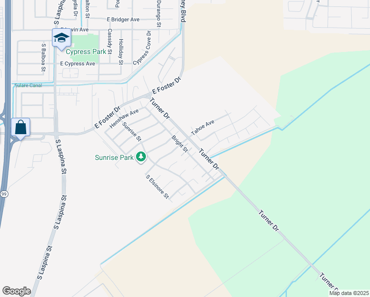 map of restaurants, bars, coffee shops, grocery stores, and more near 3006 Bright Street in Tulare
