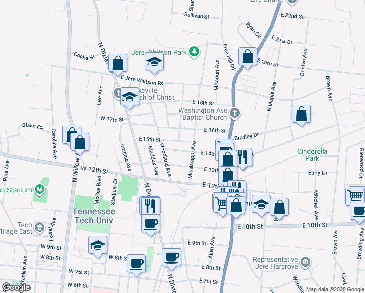 map of restaurants, bars, coffee shops, grocery stores, and more near 232 East 15th Street in Cookeville