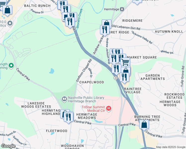 map of restaurants, bars, coffee shops, grocery stores, and more near 3608 Quail Drive in Nashville