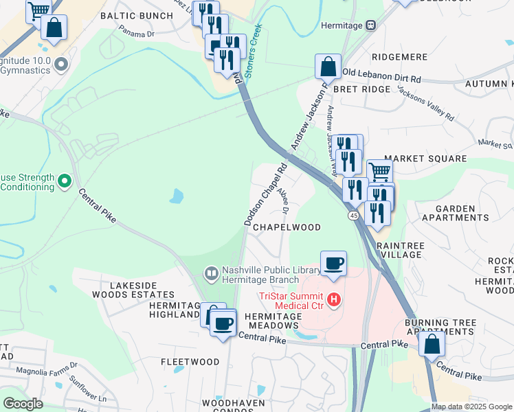 map of restaurants, bars, coffee shops, grocery stores, and more near 4171 Dodson Chapel Road in Nashville