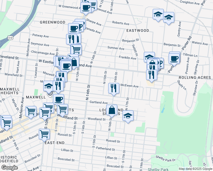 map of restaurants, bars, coffee shops, grocery stores, and more near 502A North 16th Street in Nashville