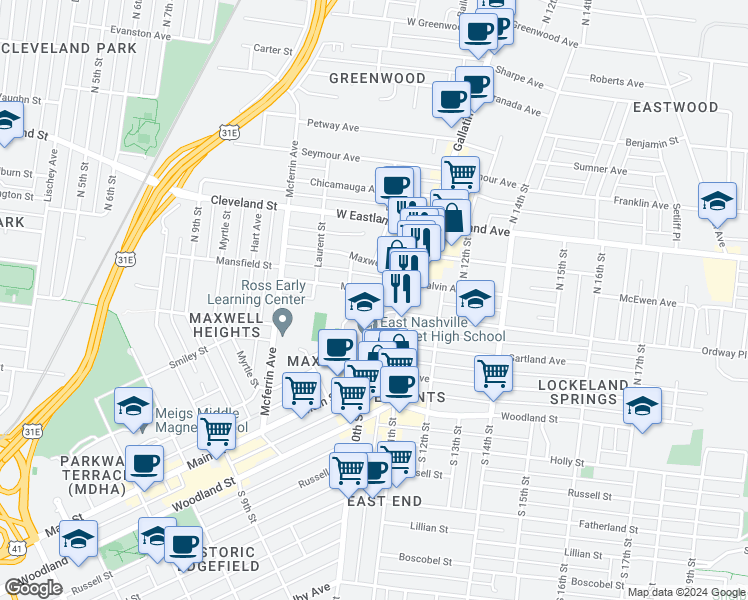 map of restaurants, bars, coffee shops, grocery stores, and more near 1026 Mansfield Street in Nashville