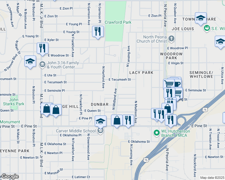 map of restaurants, bars, coffee shops, grocery stores, and more near 1820 North Midland Avenue in Tulsa
