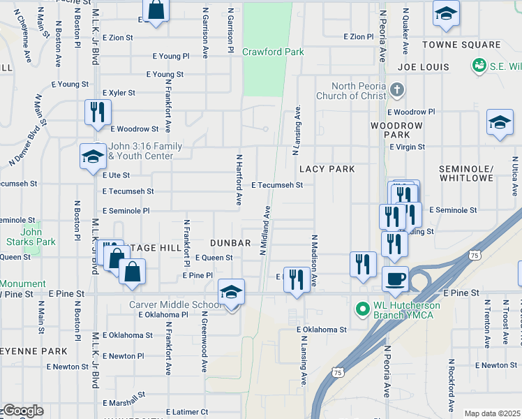 map of restaurants, bars, coffee shops, grocery stores, and more near 1820 North Midland Avenue in Tulsa