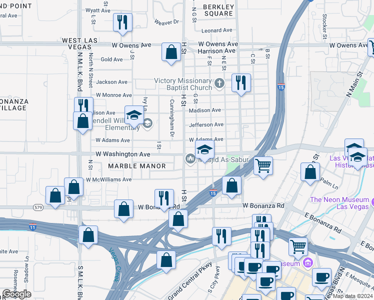 map of restaurants, bars, coffee shops, grocery stores, and more near 900 H Street in Las Vegas