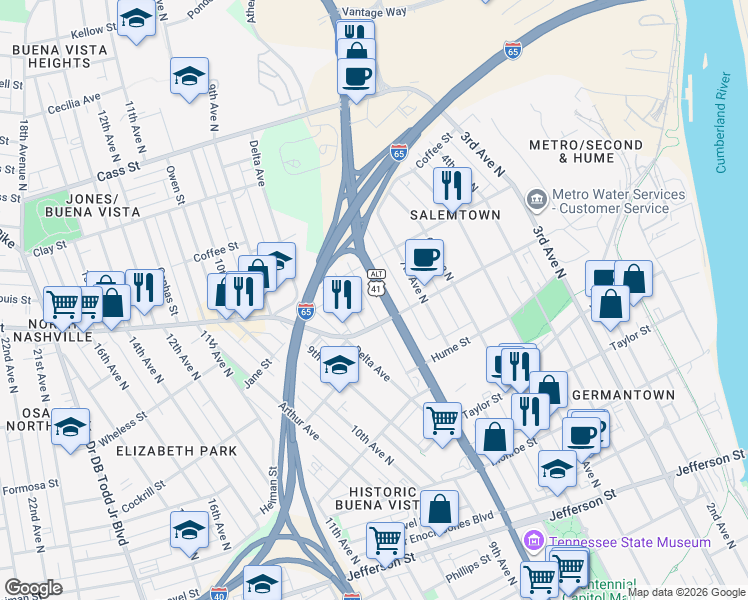 map of restaurants, bars, coffee shops, grocery stores, and more near 808 Garfield Street in Nashville