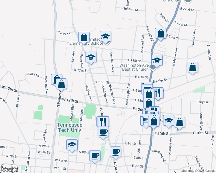 map of restaurants, bars, coffee shops, grocery stores, and more near 1348 Woodland Avenue in Cookeville