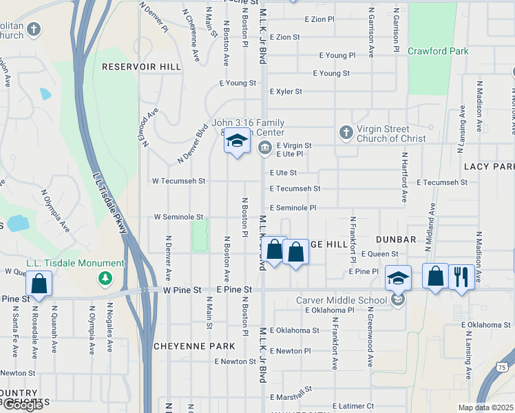 map of restaurants, bars, coffee shops, grocery stores, and more near 1816 Martin Luther King Junior Boulevard in Tulsa