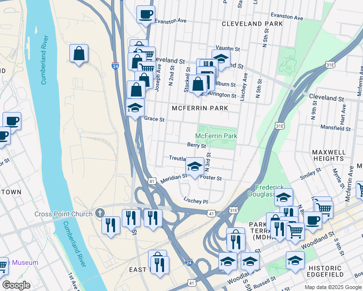 map of restaurants, bars, coffee shops, grocery stores, and more near 220 Berry Street in Nashville