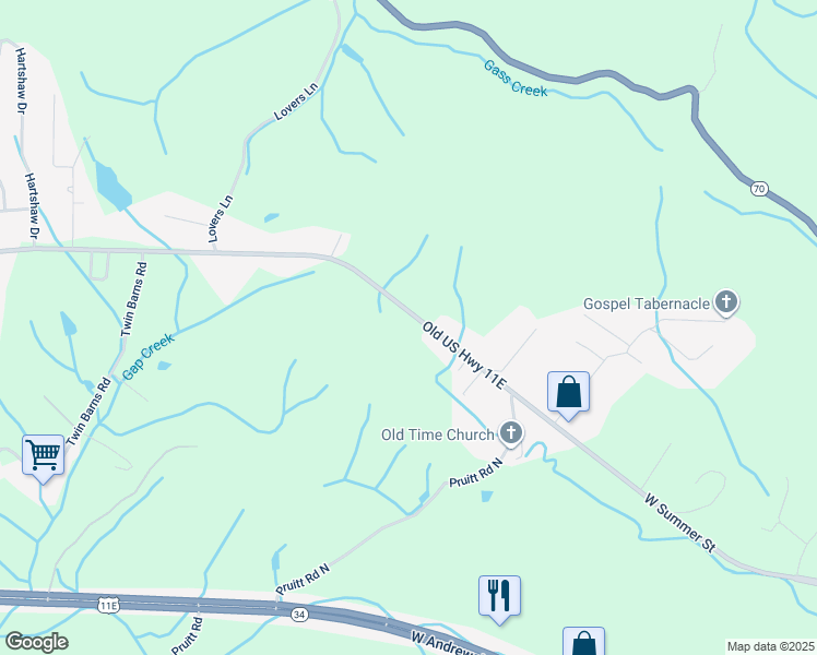 map of restaurants, bars, coffee shops, grocery stores, and more near 2995 Blue Springs Parkway in Greeneville