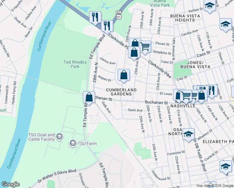map of restaurants, bars, coffee shops, grocery stores, and more near 2604 Jenkins Street in Nashville