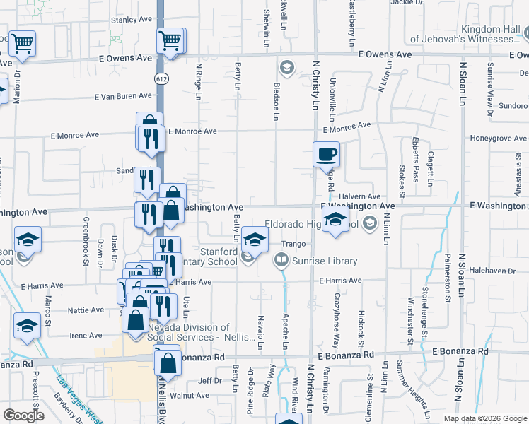 map of restaurants, bars, coffee shops, grocery stores, and more near 5383 East Washington Avenue in Las Vegas