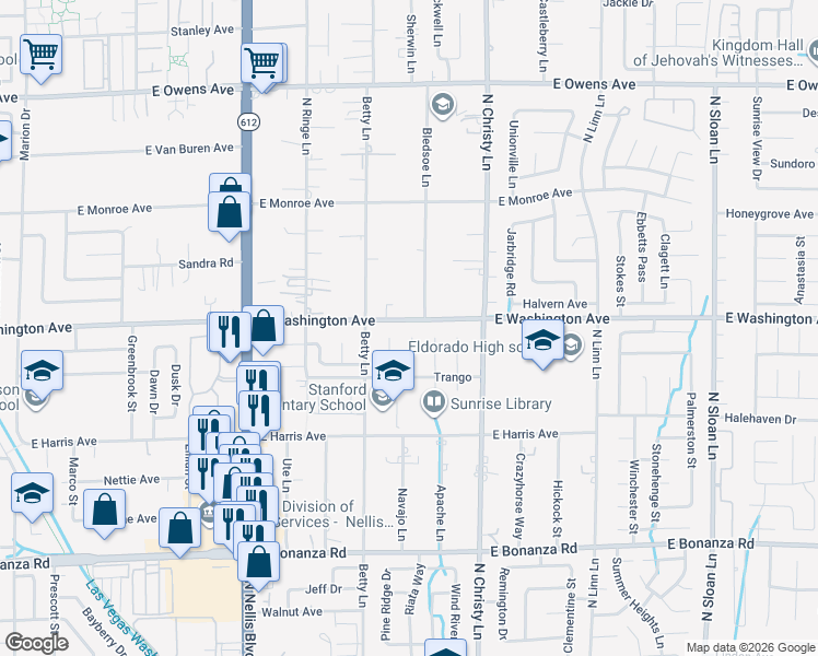 map of restaurants, bars, coffee shops, grocery stores, and more near 5383 East Washington Avenue in Las Vegas