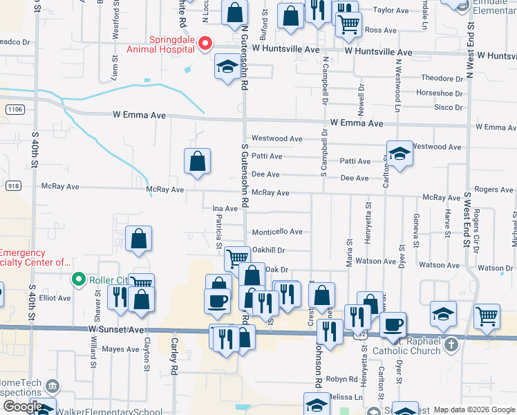 map of restaurants, bars, coffee shops, grocery stores, and more near 2761 McRay Avenue in Springdale