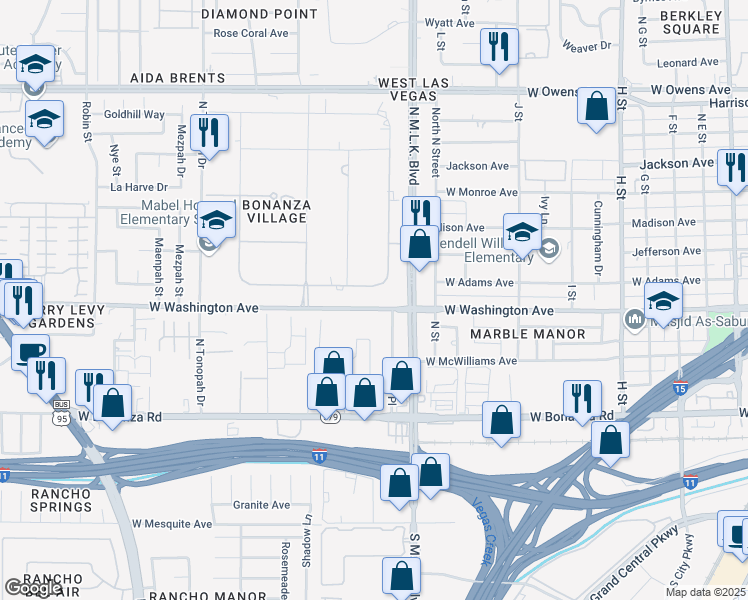 map of restaurants, bars, coffee shops, grocery stores, and more near 1713 Ophir Drive in Las Vegas