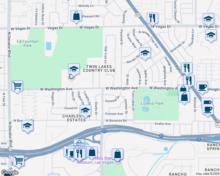 map of restaurants, bars, coffee shops, grocery stores, and more near 901 Woodbridge Drive in Las Vegas