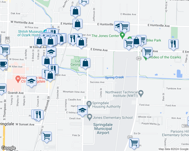 map of restaurants, bars, coffee shops, grocery stores, and more near 347-399 South Cleveland Street in Springdale