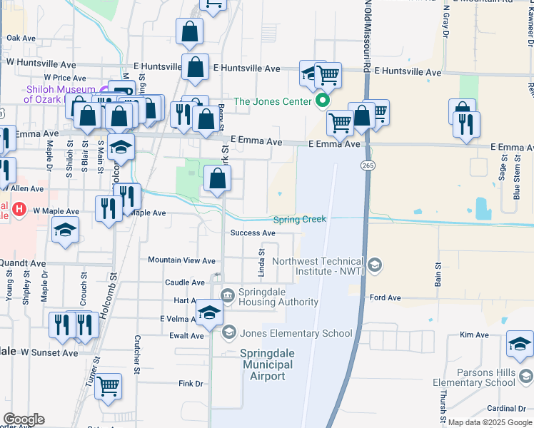 map of restaurants, bars, coffee shops, grocery stores, and more near 220 Strawberry Meadows Place in Springdale