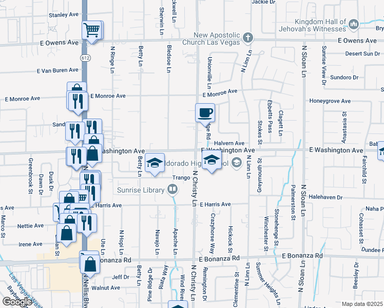 map of restaurants, bars, coffee shops, grocery stores, and more near 5495 East Washington Avenue in Las Vegas