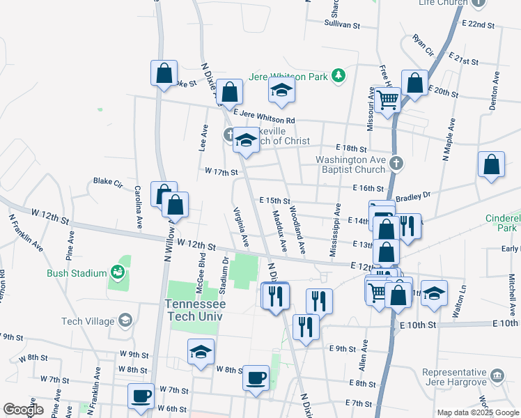 map of restaurants, bars, coffee shops, grocery stores, and more near 1351 North Dixie Avenue in Cookeville