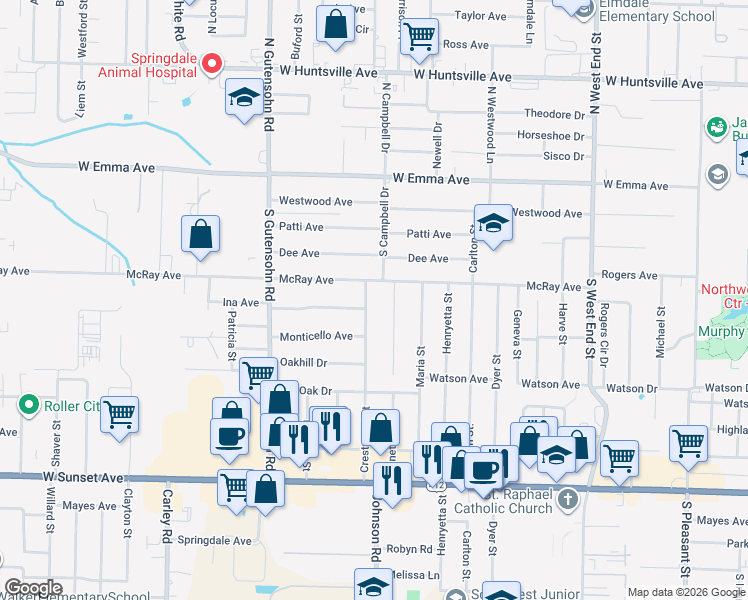 map of restaurants, bars, coffee shops, grocery stores, and more near 2409 McRay Avenue in Springdale