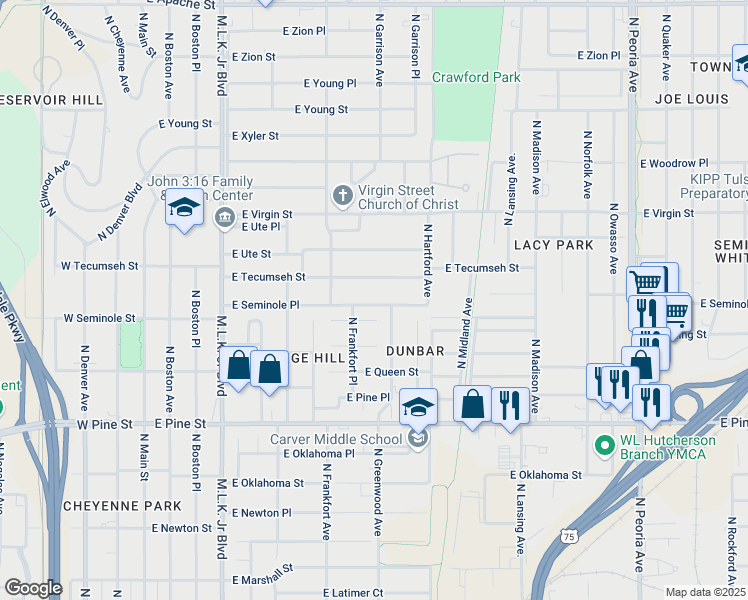 map of restaurants, bars, coffee shops, grocery stores, and more near 541 East Seminole Place in Tulsa