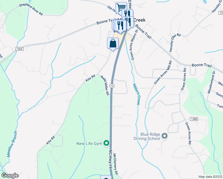 map of restaurants, bars, coffee shops, grocery stores, and more near 2461 Highway 16 in Millers Creek