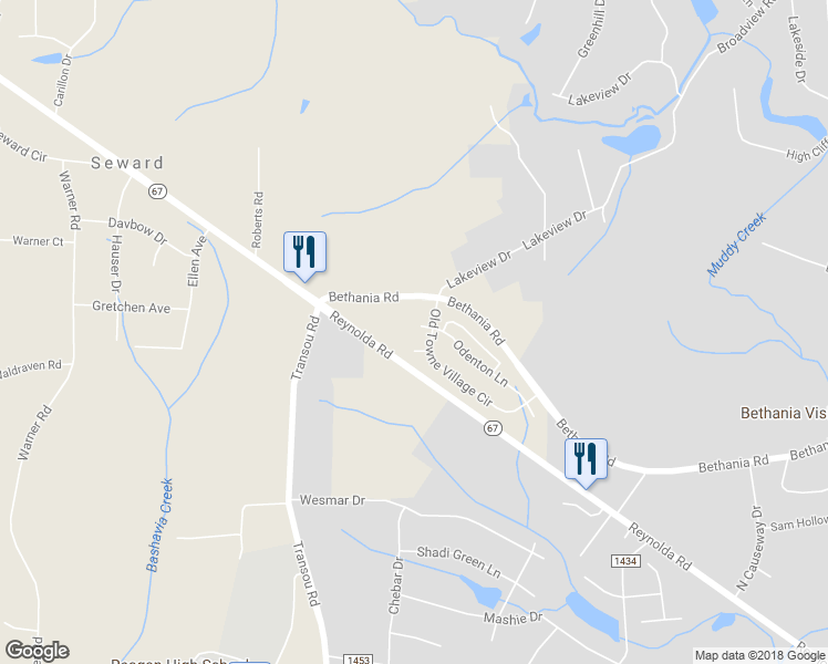 map of restaurants, bars, coffee shops, grocery stores, and more near 6014 Odenton Lane in Pfafftown
